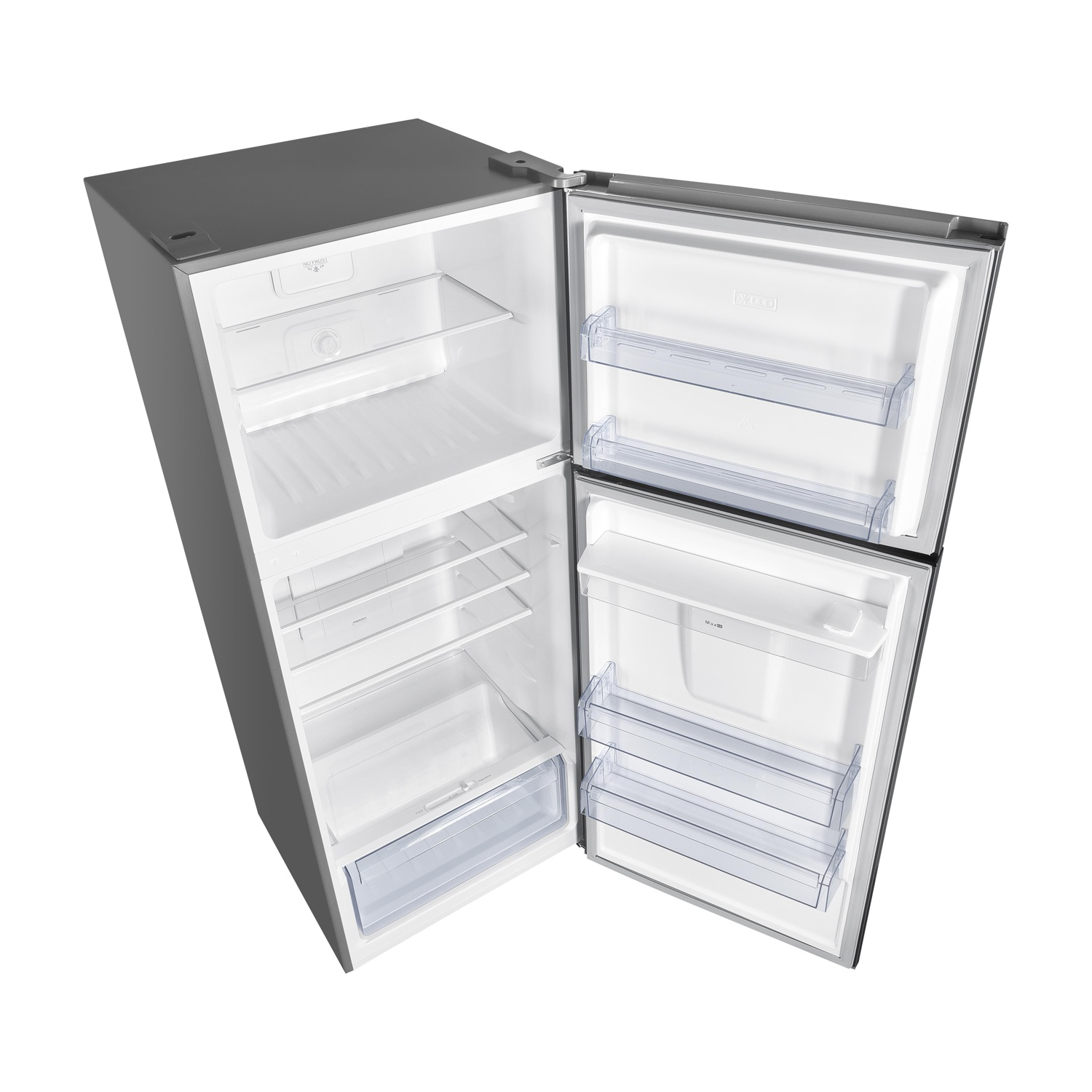 Un frigorifero con le porte aperte, che mostra ripiani, cassetti e l'interno.