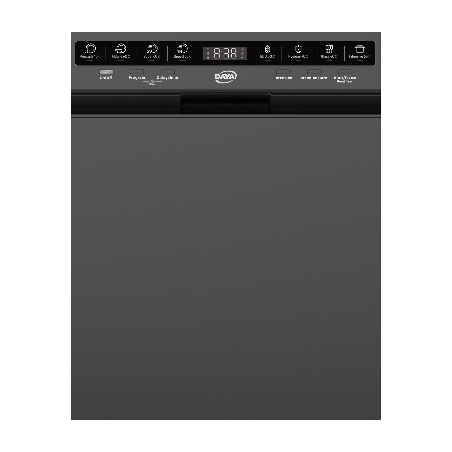 Pannello di controllo lavastoviglie nero con display e icone dei programmi.