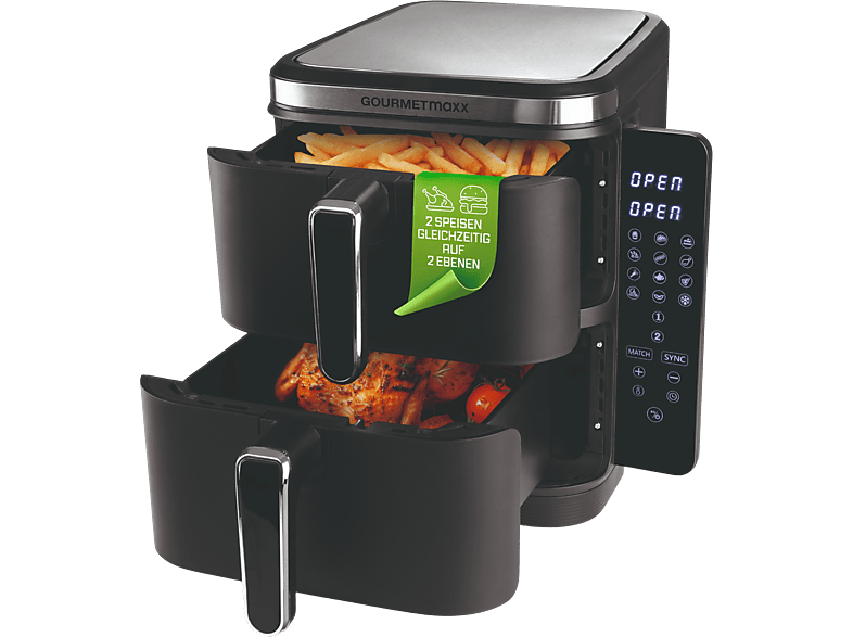 Gourmetmaxx 15305 Heißluftfritteuse mit Doppelkorb 5 l + 10 l, 2800 Watt, Schwarz