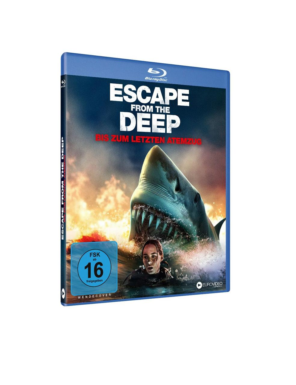 Blu-ray-Disc des Films, Escape from the Deep, mit Hai und Person.