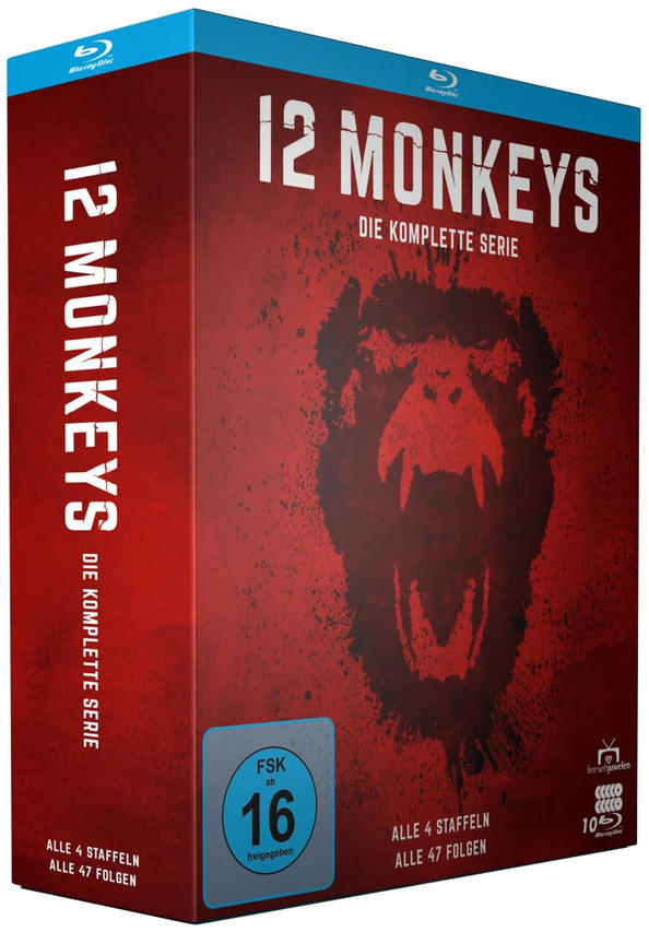 Blu-ray-Box-Set von 12 Monkeys mit rotem Hintergrund und Affenbild.