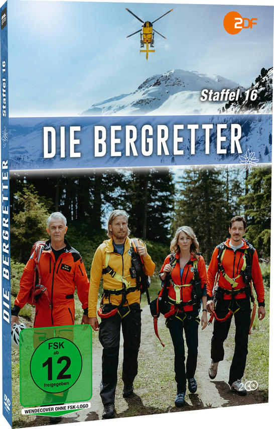 DVD-Hülle für Die Bergretter, Staffel 16. Vier Personen in orangefarbenen Jacken gehen.