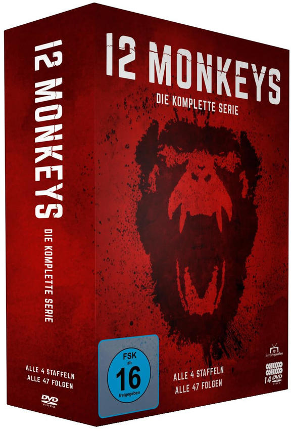 Box-Set der Serie '12 Monkeys'. Es zeigt einen roten Hintergrund mit einer Affengesicht-Grafik.