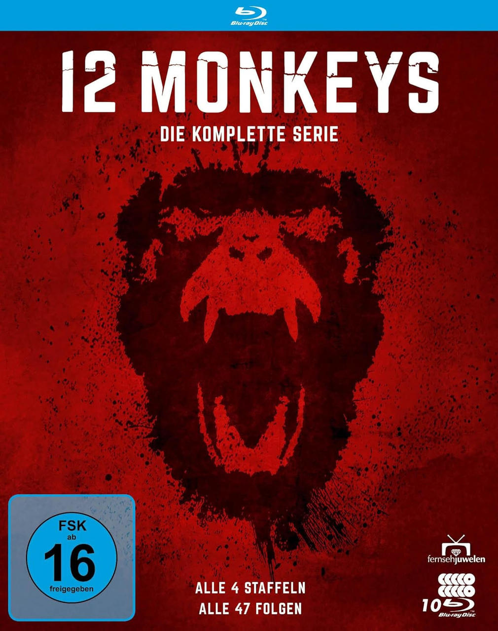 DVD-Cover von 12 Monkeys. Roter Hintergrund, Affengesicht, weißer Text.