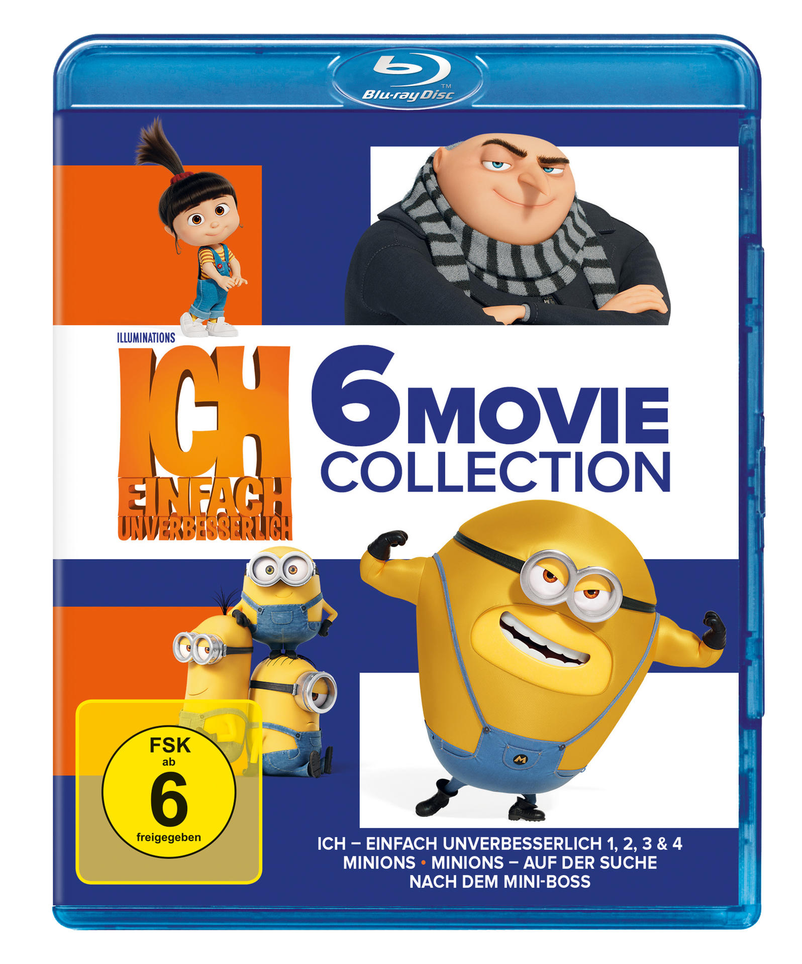 DVD-Cover, blauer Hintergrund, Zeichentrickfiguren und Text 'Ich - Einfach Unverbesserlich 6 Movie Collection'.