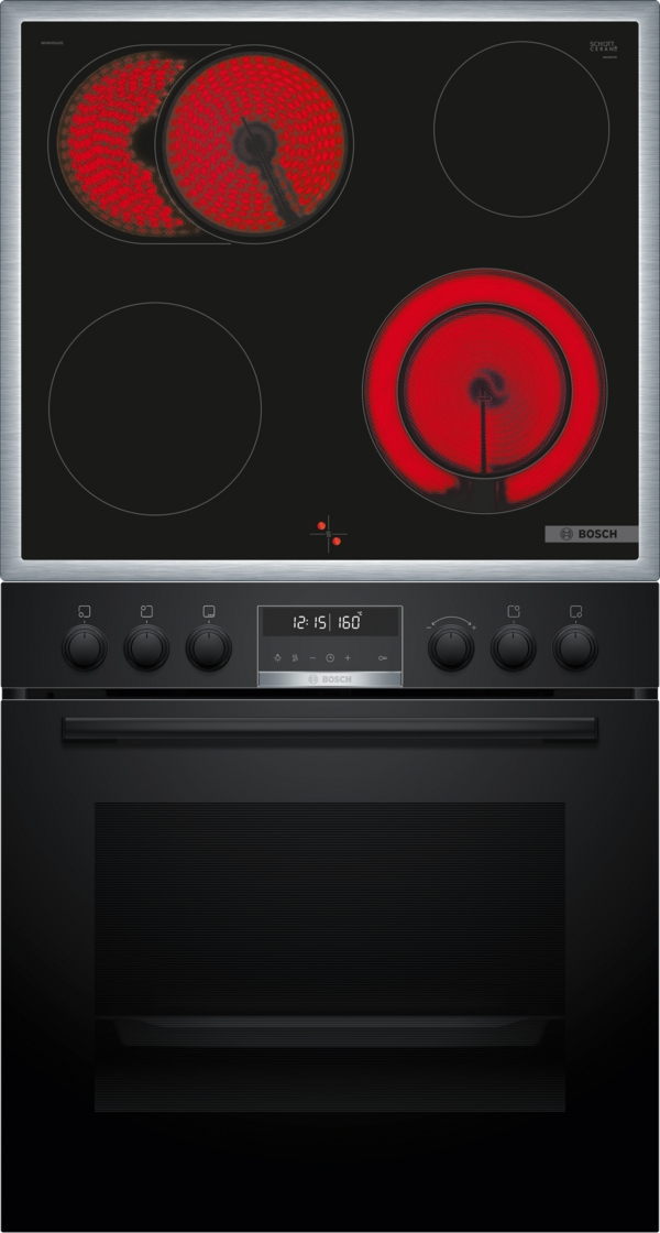 Ein schwarzes elektrisches Kochfeld mit roten Heizelementen und ein schwarzer Backofen. Die Anzeige zeigt Zeit und Temperatur.