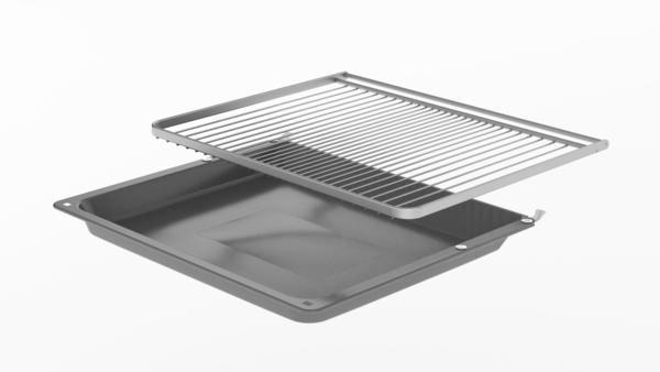 Ein Backblech und ein Grillrost werden angezeigt, wobei sich der Rost über dem Blech befindet.