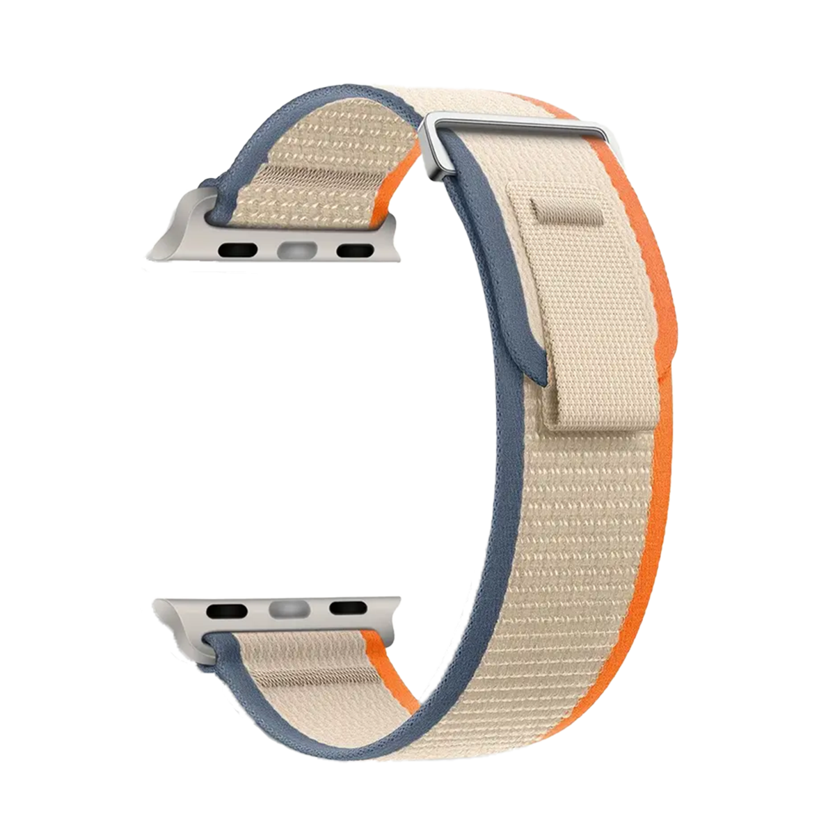 Apple Watch kayışı, mavi ve turuncu vurgularla bej kumaş.