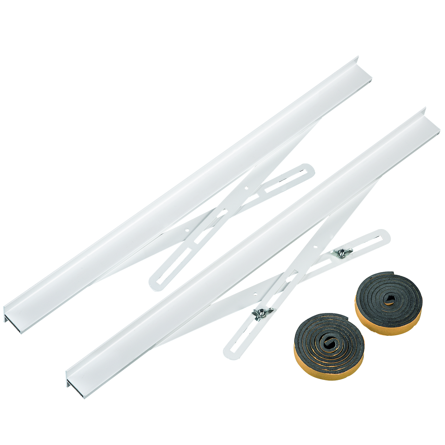 Two white window openers with a pair of black foam sealing strips on white.