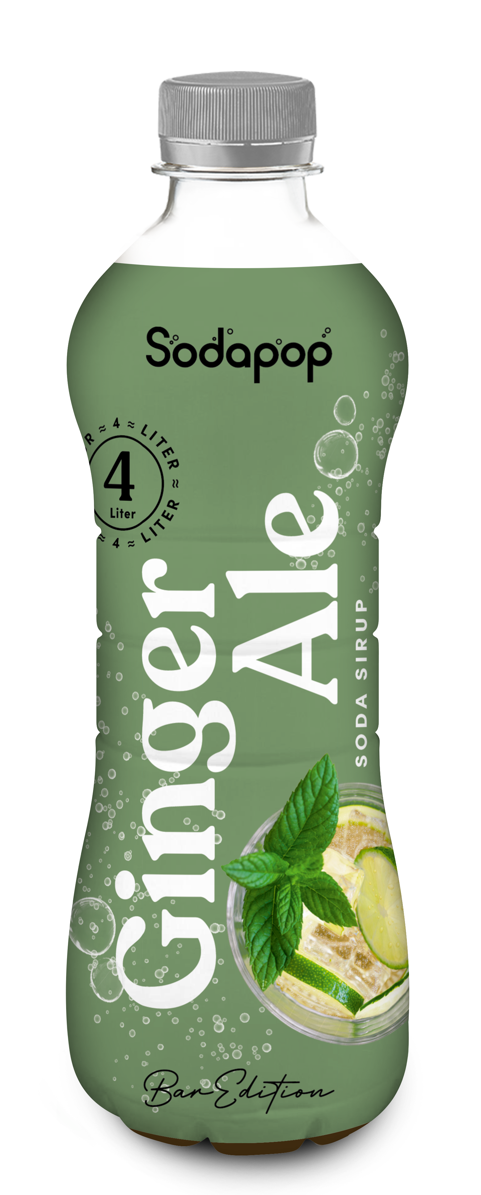 Eine grüne Flasche Ingwer-Ale-Sirup mit Minze und Limettengarnitur.