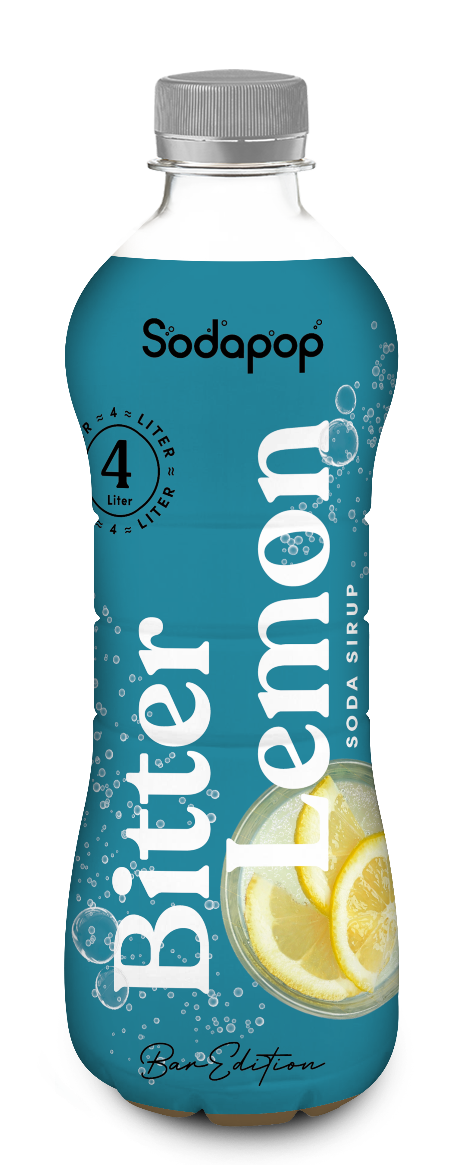 Flasche Bitter Lemon Soda-Sirup mit Zitronenscheiben-Grafik und blauem Etikett auf weißem Hintergrund.