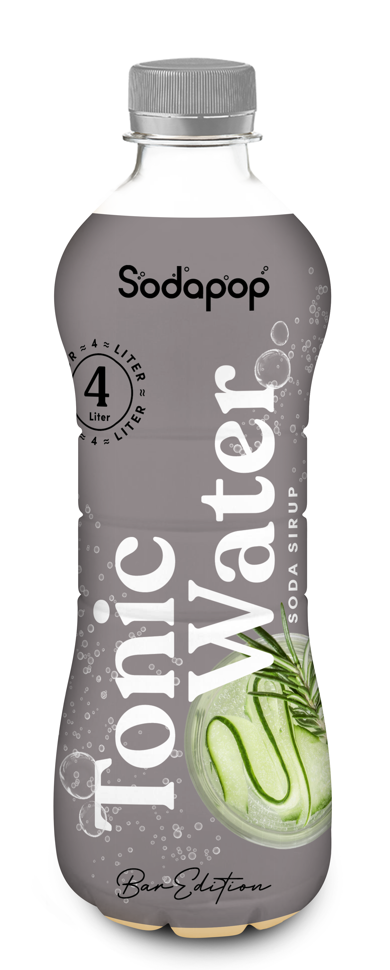 Tonic Water Flasche mit Etikett, das Gurke, Rosmarin und den Markennamen zeigt.