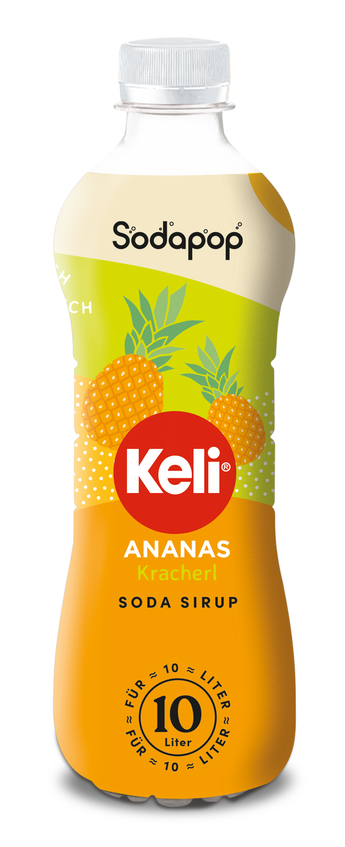 Eine Flasche Sodasirup mit Ananas auf dem Etikett, mit dem Markennamen.