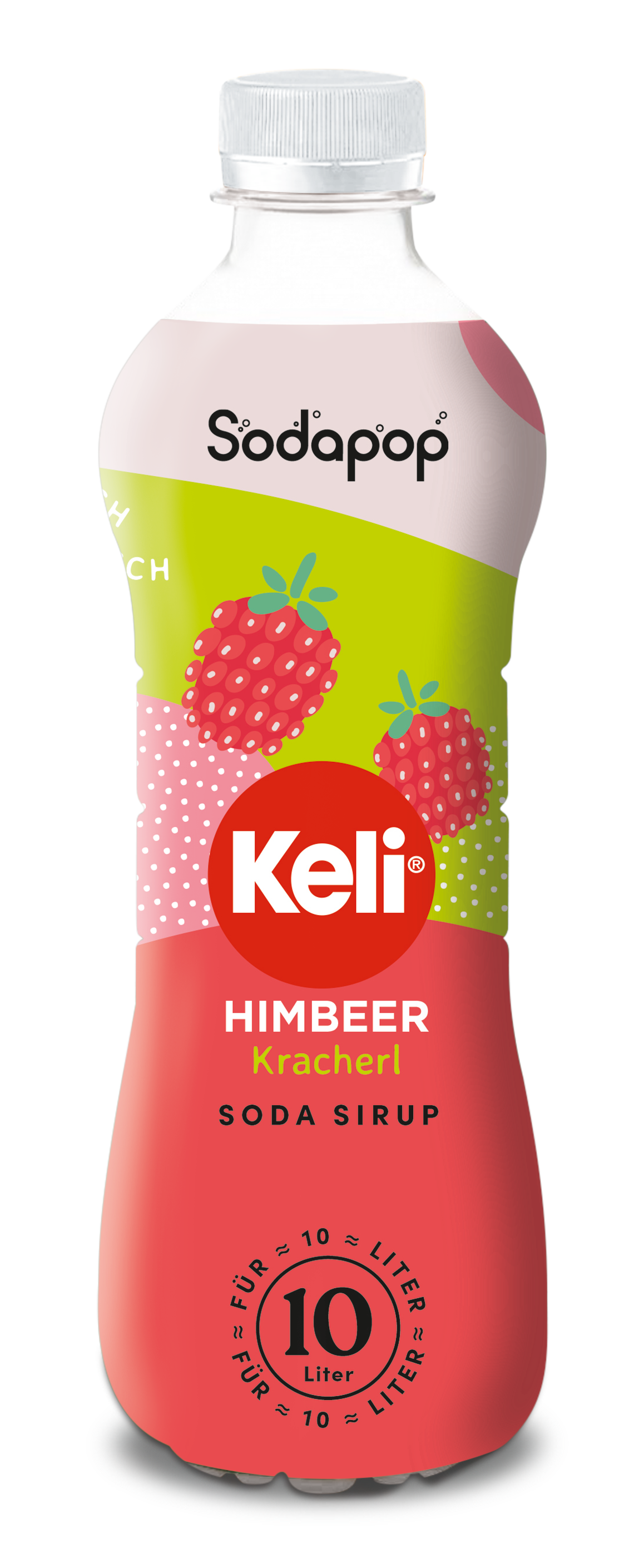 Flasche Limonade, rotes und rosa Etikett mit Himbeeren. Weißer Deckel und schwarzer Hintergrund.