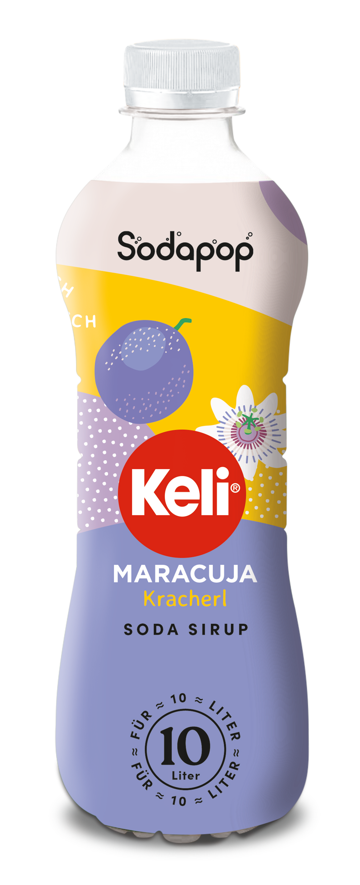 Limonadenflasche mit farbenfrohem Etikett. Lila, gelb und weiß. Marke 'Keli'.