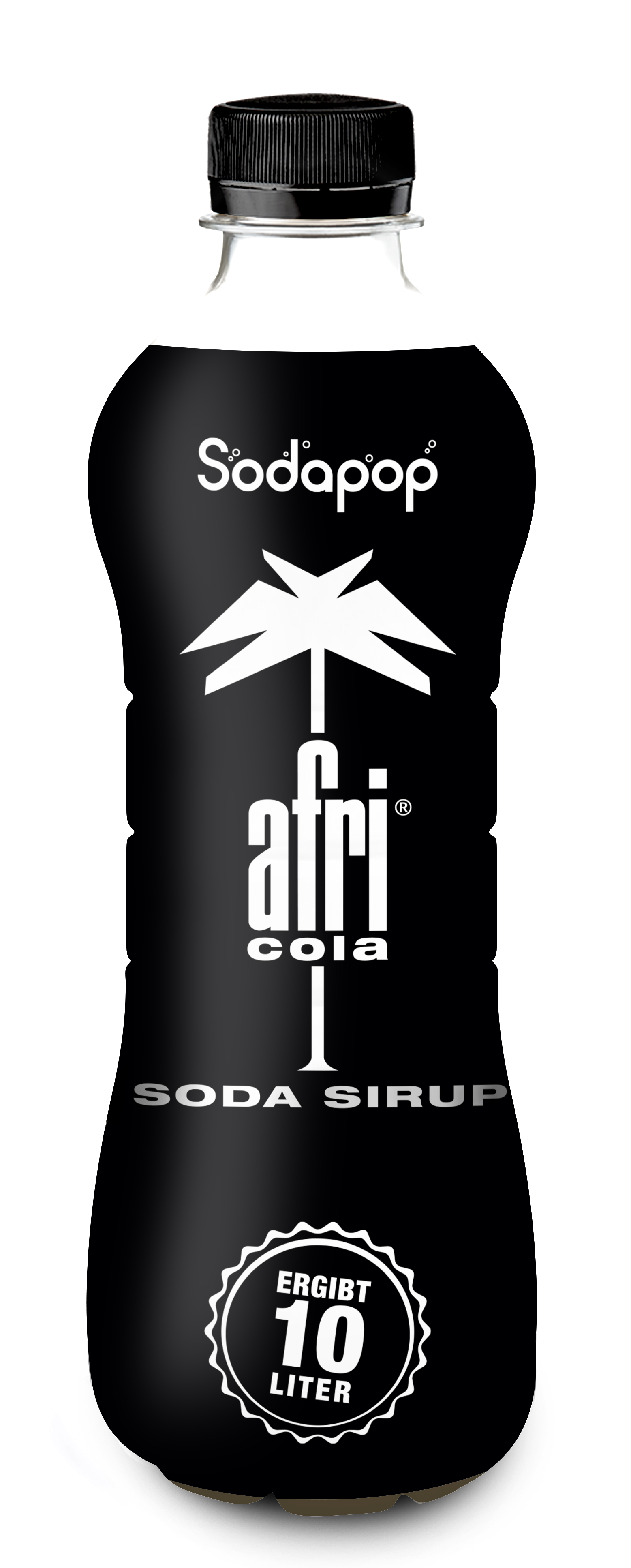 Schwarze Sodaflasche mit "afri cola"-Etikett, weißer Palmen-Grafik und "SODA SIRUP"-Text.