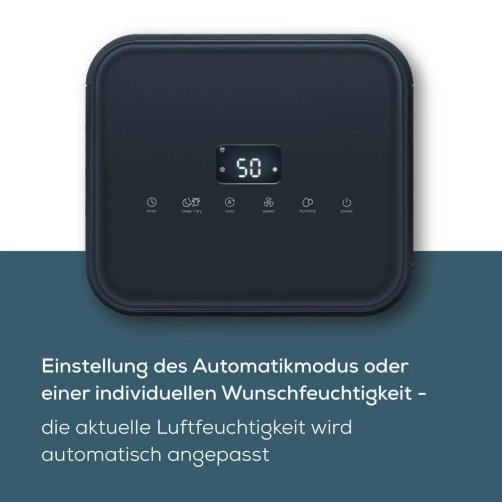 Un umidificatore nero con display digitale che mostra il livello di umidità.