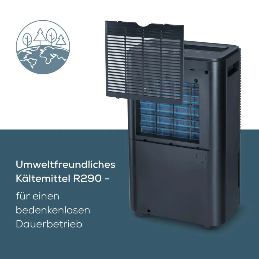 Deumidificatore nero con filtro rimovibile e testo sul refrigerante ecologico su sfondo grigio.