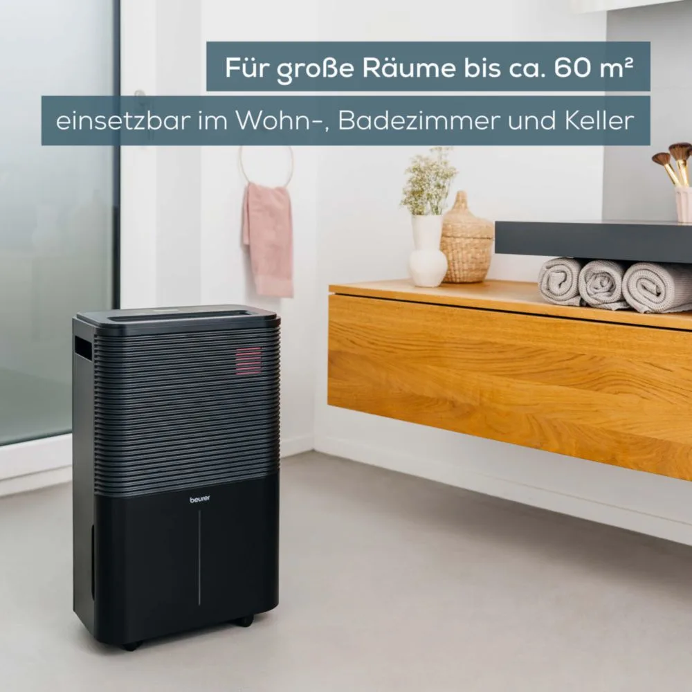 Deumidificatore nero e grigio scuro, testo: 'Für große Räume bis ca. 60 m²'. In un bagno.