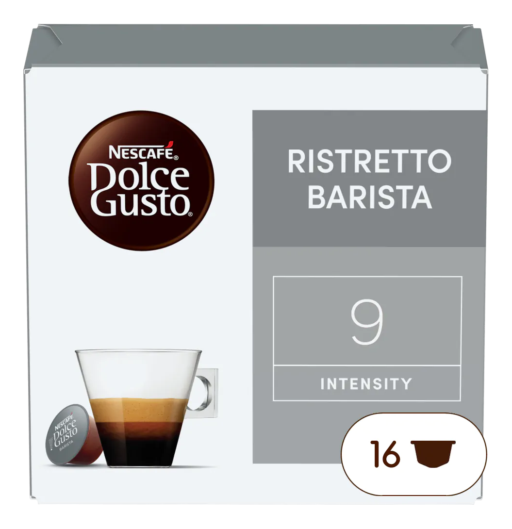 Una scatola di capsule di caffè con una tazza di caffè, una capsula di caffè e testo sull'intensità.