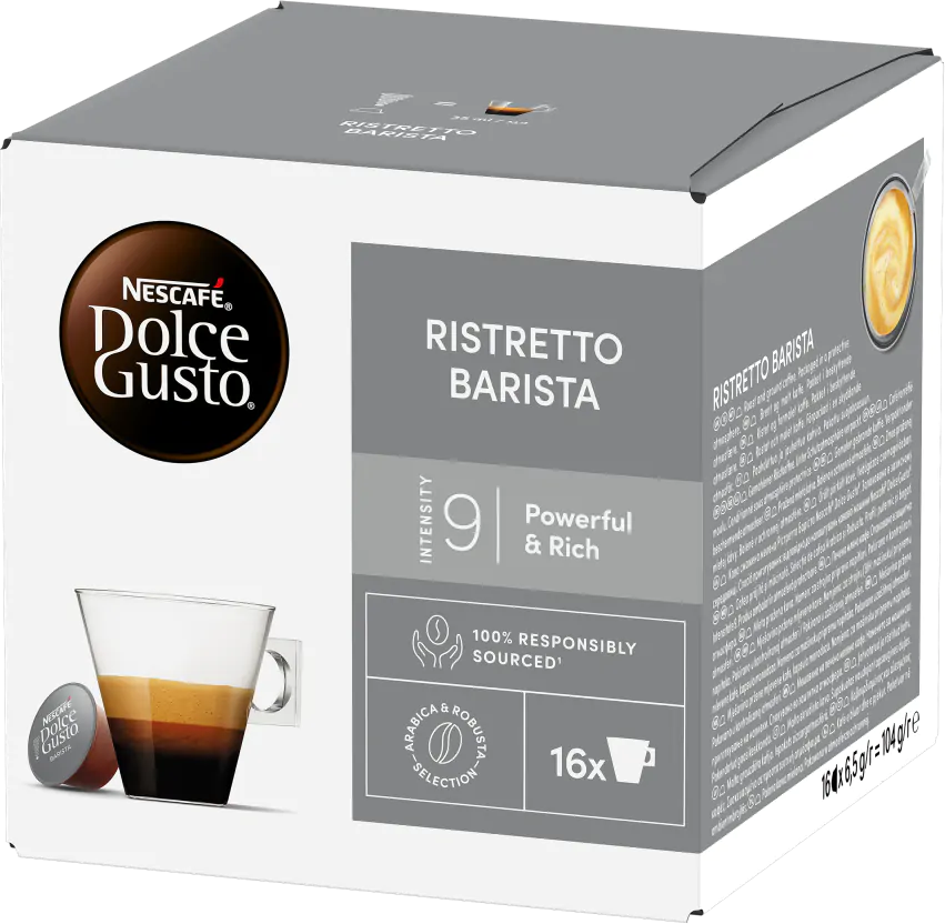 Una scatola di caffè Dolce Gusto mostra una tazza di caffè e le parole Ristretto Barista.