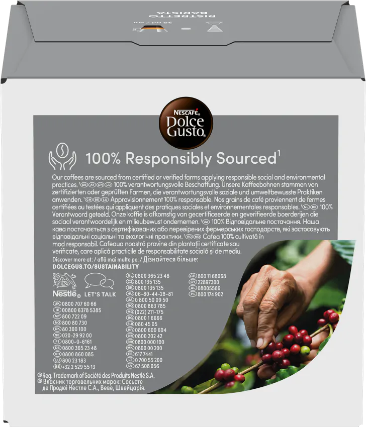 Confezione di caffè: Nescafe Dolce Gusto, caffè 100% da fonti responsabili, testo e una mano.