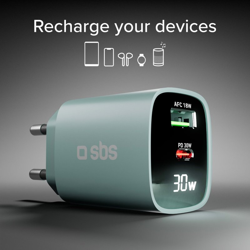 Ładowarka w kolorze turkusowym z dwoma portami, oznaczona AFC 18W i PD 30W, oraz tekstem 30W.