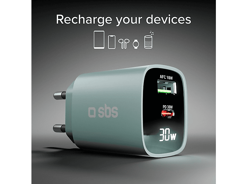 SBS LCD GaN PD30W USB-C USB-A Niebieski – zdjęcie 2