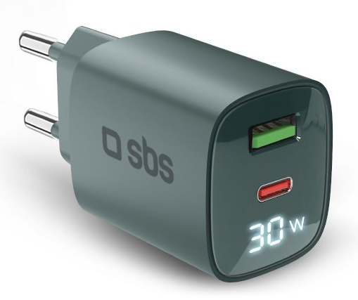 Szara ładowarka SBS 30W z dwoma portami i wyświetlaczem cyfrowym. Białe cyfry.