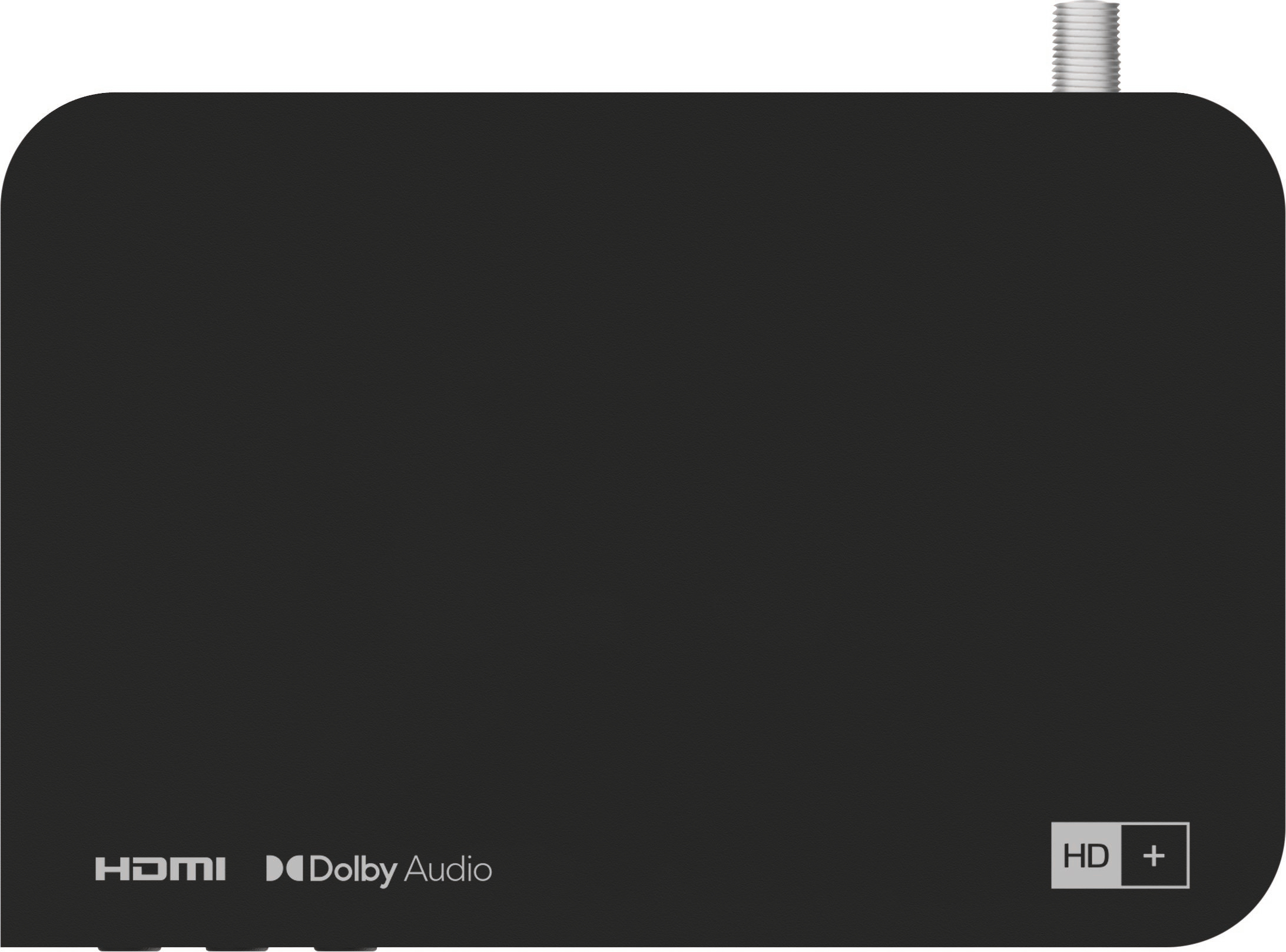 Schwarze Set-Top-Box mit HDMI- und Dolby Audio-Logos, weißer Hintergrund.