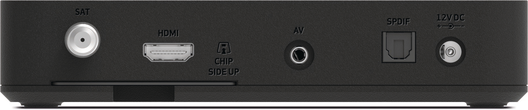 Rückseite einer schwarzen Set-Top-Box mit verschiedenen Anschlüssen: SAT, HDMI, AV, SPDIF und 12V DC.