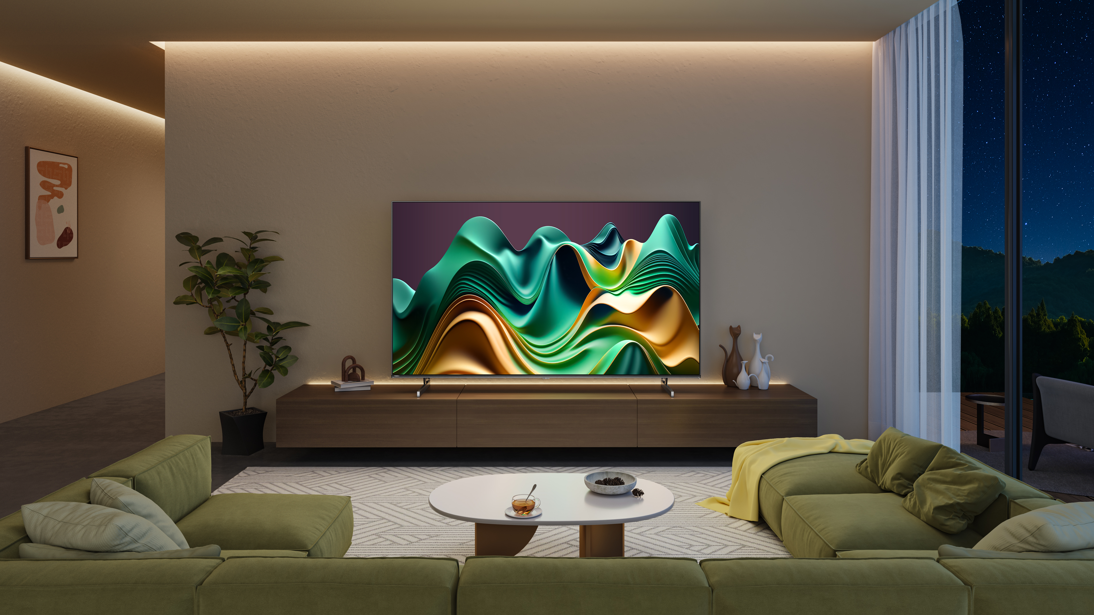 Salon z dużym telewizorem, zieloną sofą i abstrakcyjną sztuką. Widok nocny na zewnątrz.