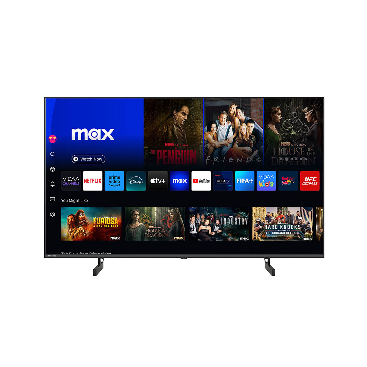 Ekran telewizora wyświetla usługi streamingowe. Programy obejmują Max, Netflix i inne.