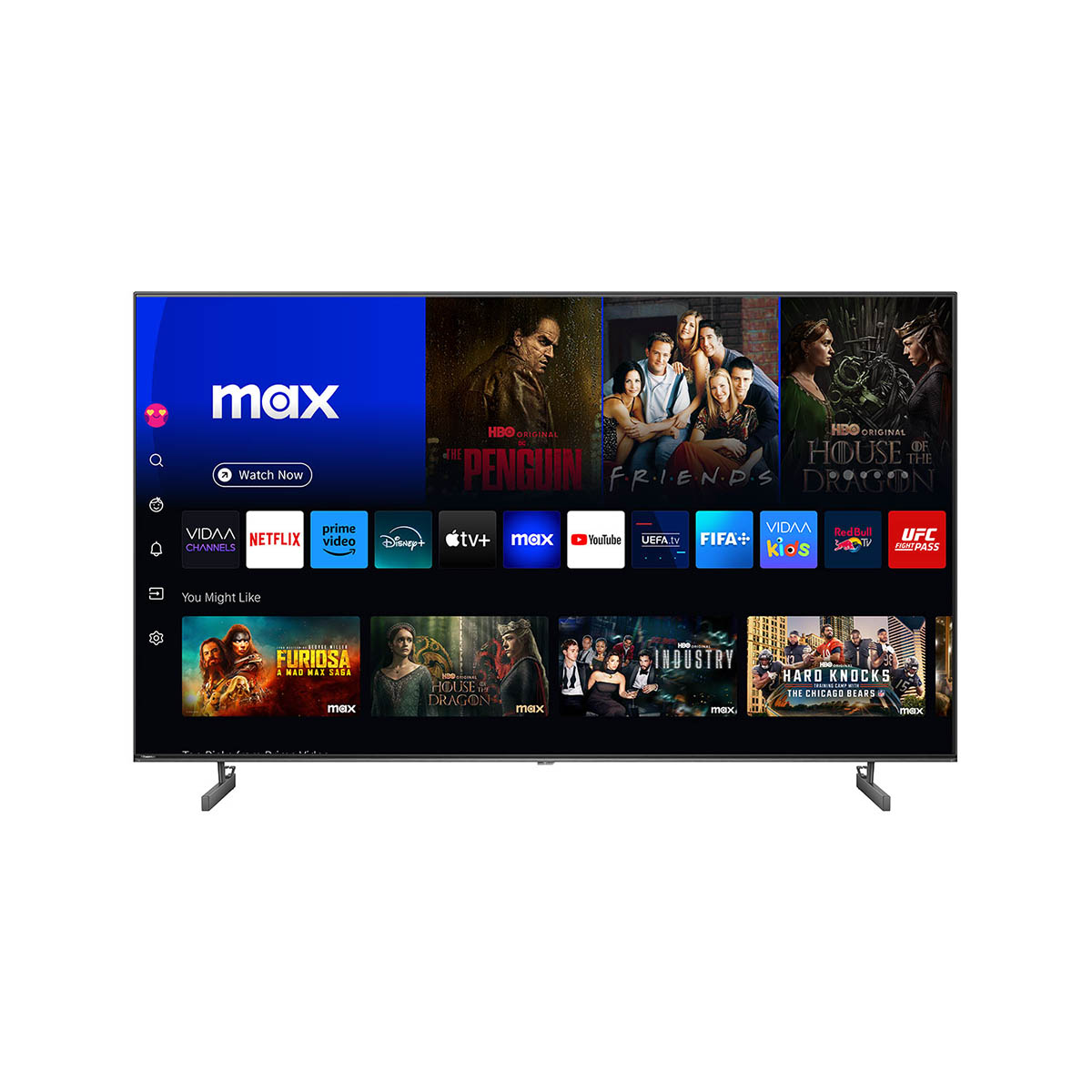 Duży ekran telewizora wyświetlający wiele aplikacji wideo i treści. Czarna ramka, srebrne podstawki.