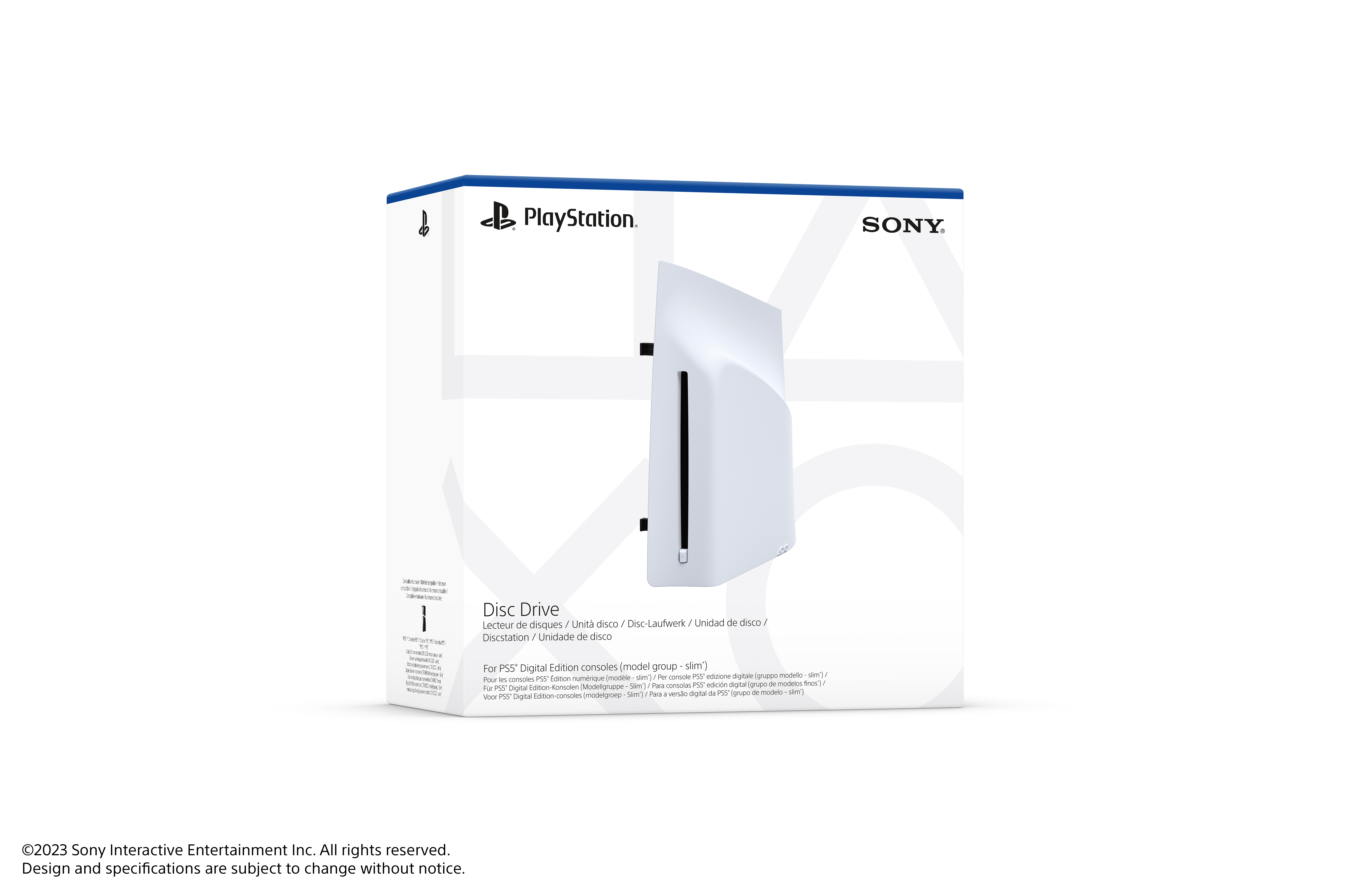 A white PlayStation disc drive box. It has the PlayStation logo and Sony brand on it.