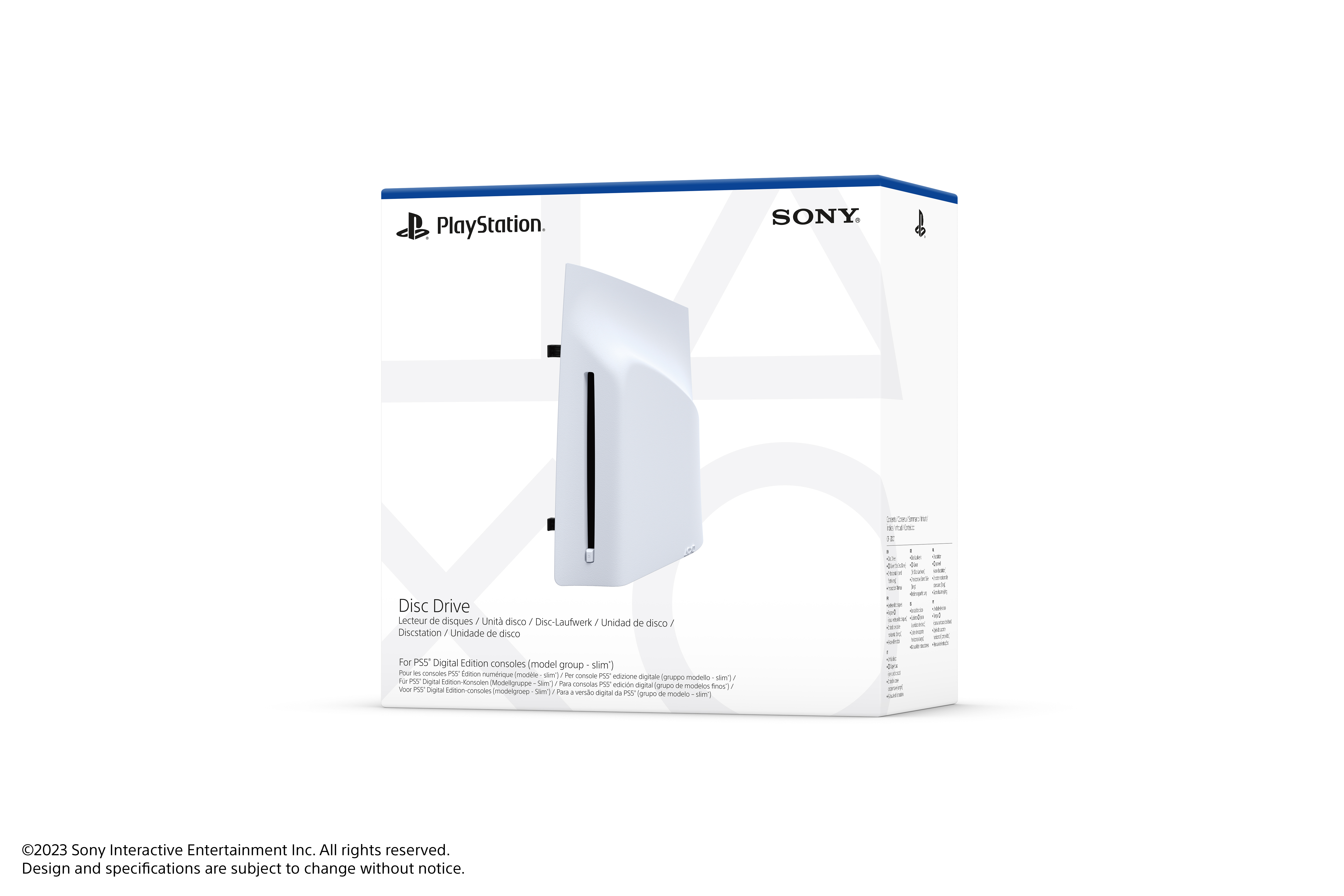 PlayStation disc drive box, white and black design with product details.