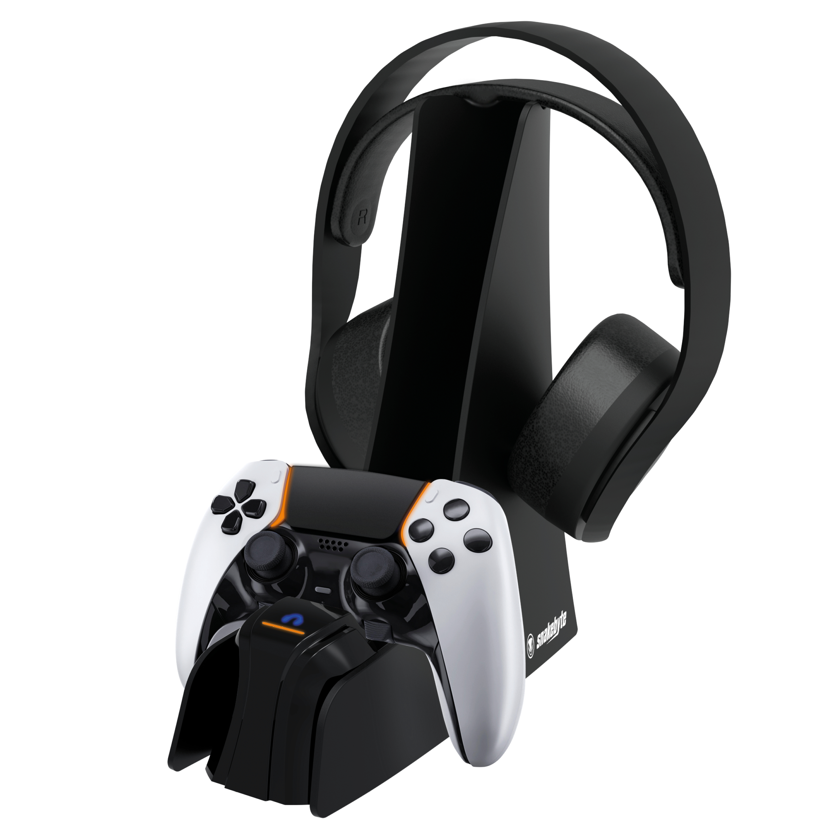 Schwarzer Gaming-Controller- und Headset-Ständer mit weißem und schwarzem Controller.