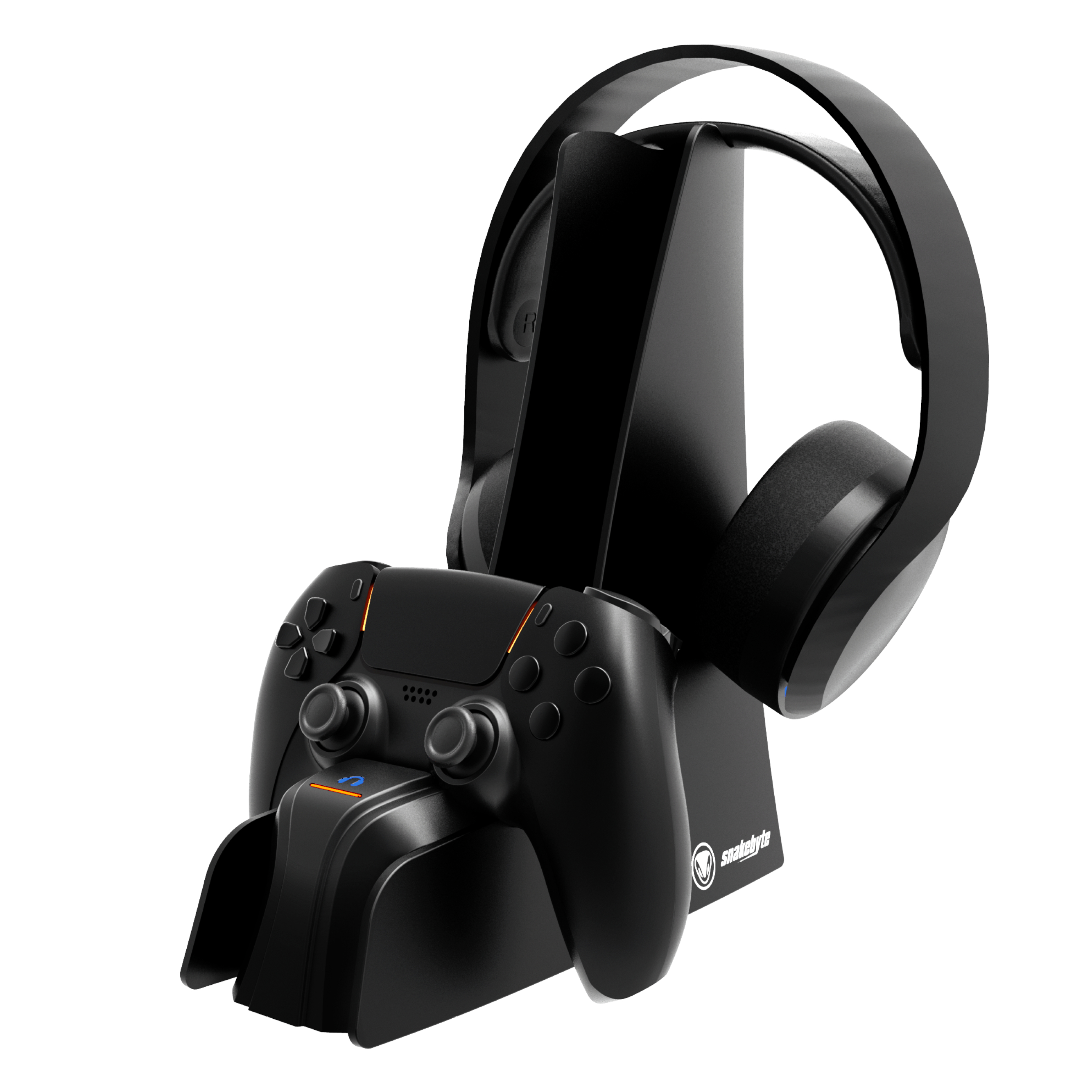 Schwarzes Gaming-Setup: Headset, Controller und Ladestation. Weißer Hintergrund.