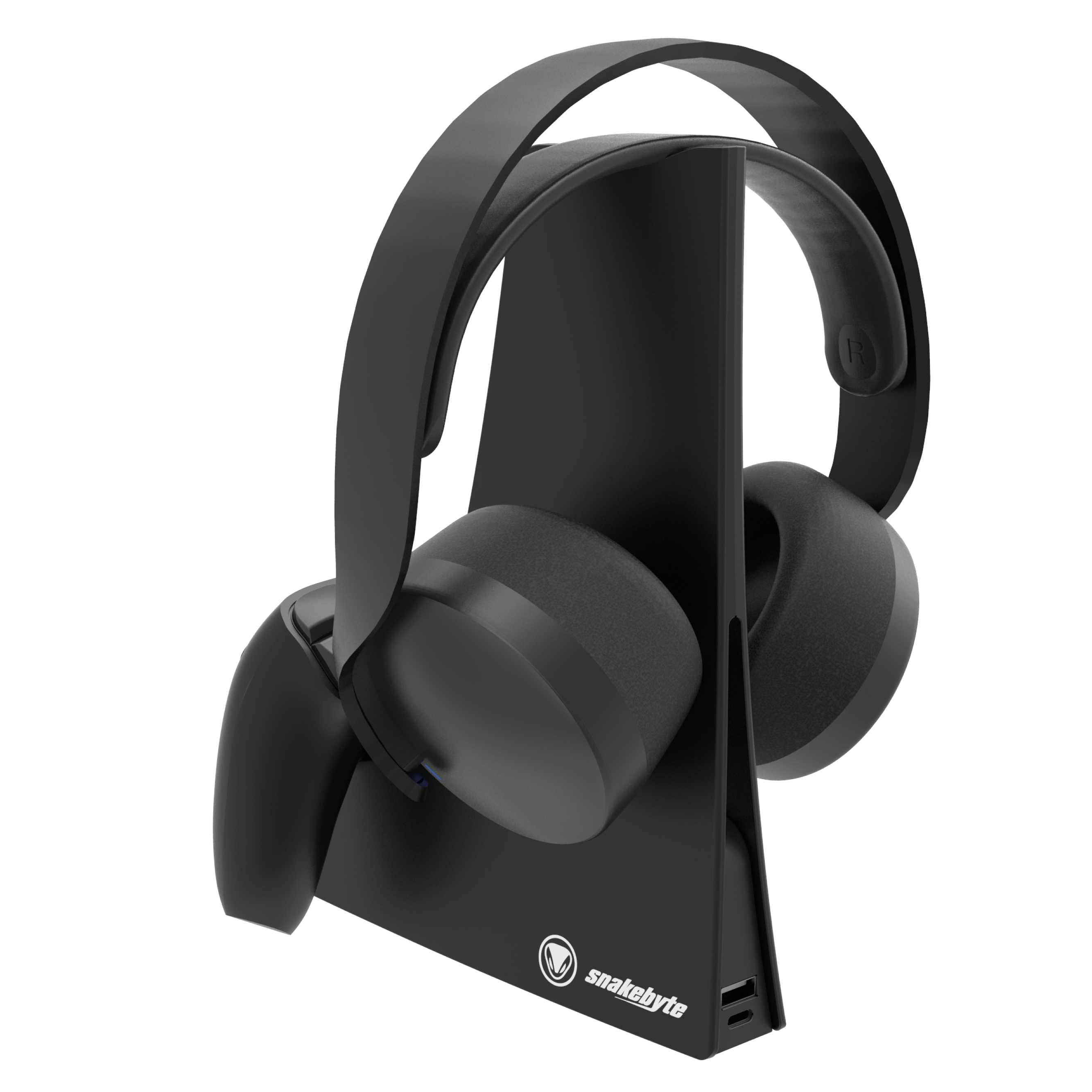 Schwarze Kopfhörer auf einem schwarzen Ständer mit Controller-Halterung und USB-Anschlüssen.