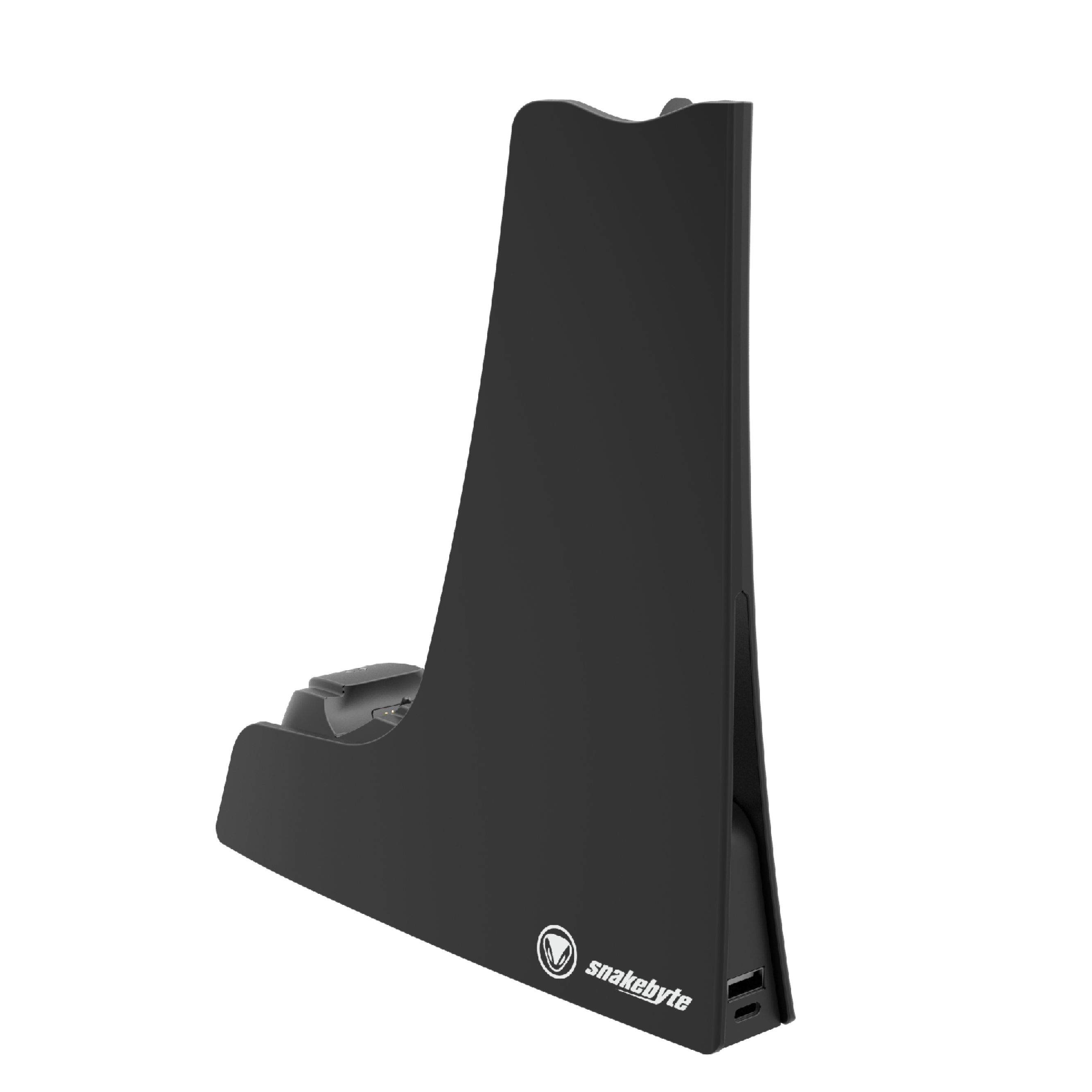Schwarzer Snakebyte Ladeständer für einen Gamecontroller, freigestellt auf weißem Hintergrund.