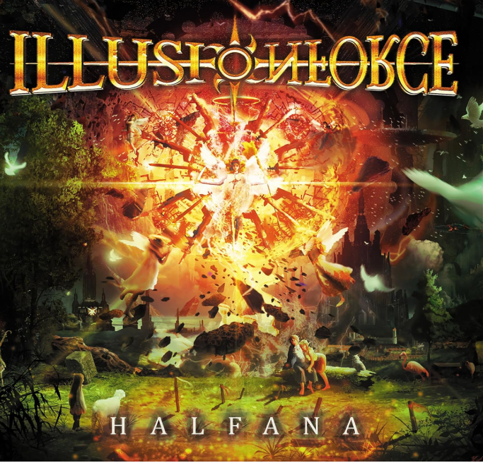 Albumcover mit feurigem Explosionshintergrund und dem Wort ILLUSION FORCE.