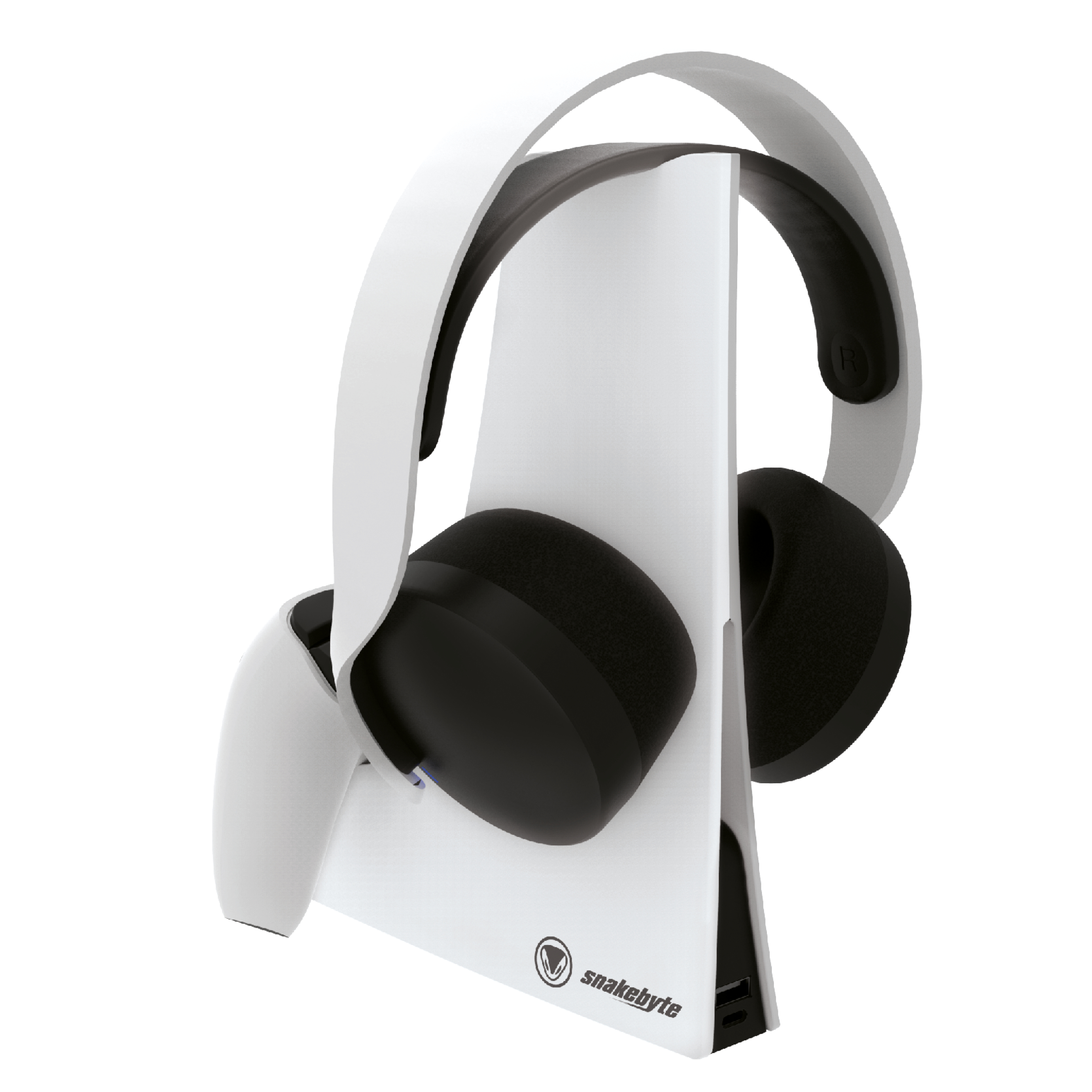 Weißer Headset-Ständer mit Headset. Ständer und Headset sind weiß und schwarz.