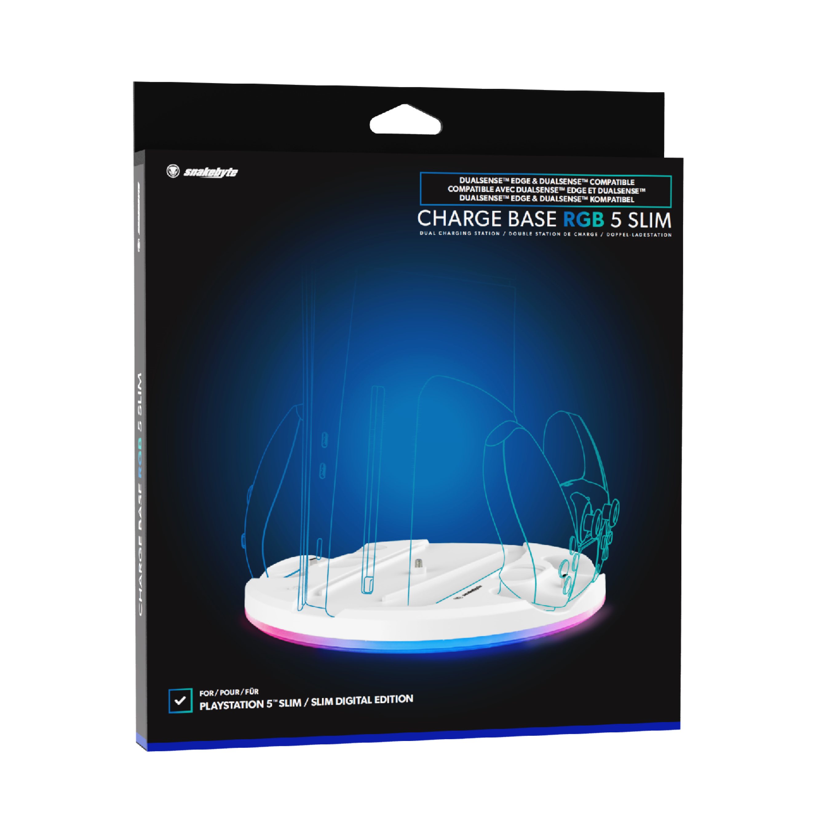 Eine schwarze Box mit Ladestation. Sie hat blaue und rosa Lichter. Die Box hat ein Playstation-Logo.
