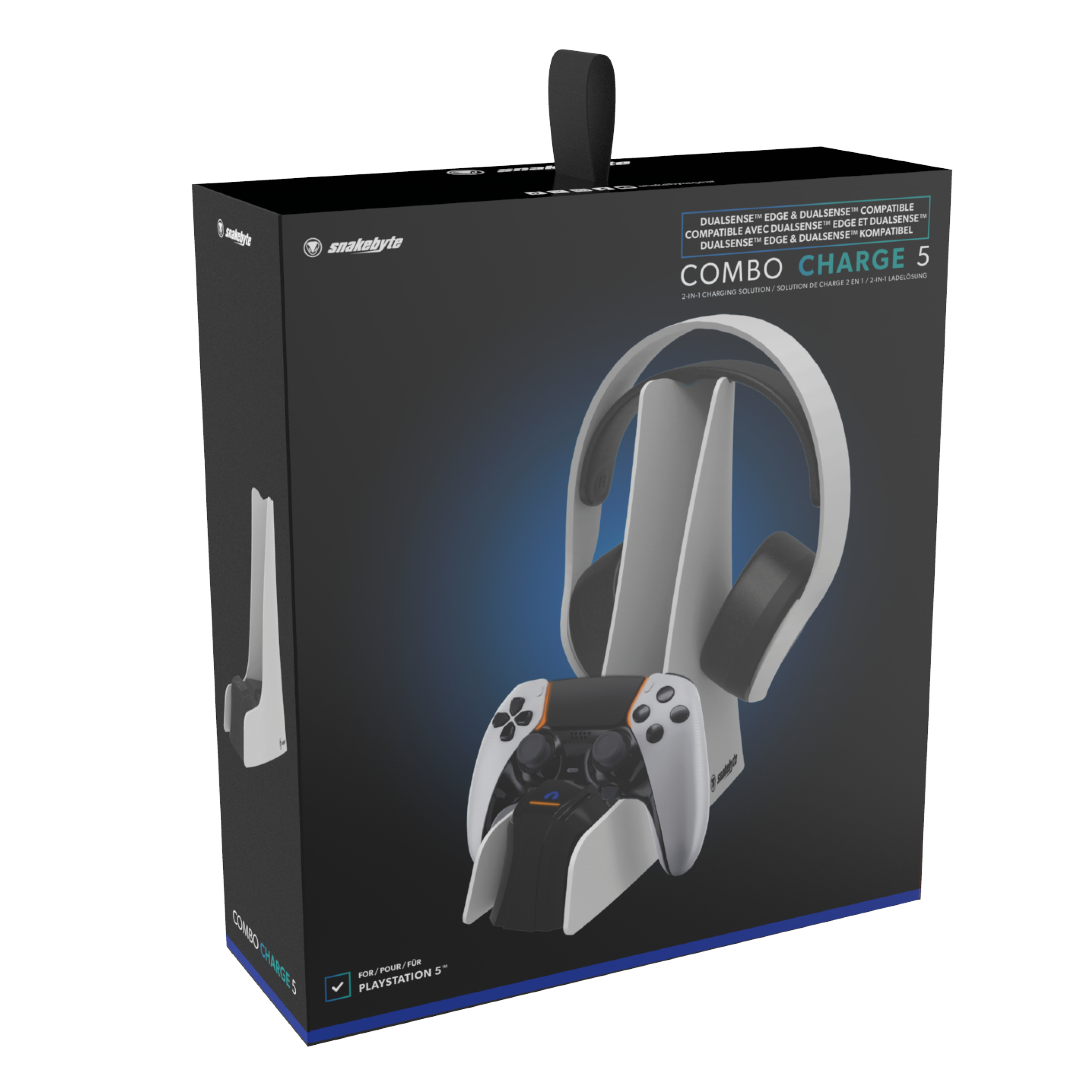 Schwarze Box mit weißem Headset-Ständer, Controller und Text.