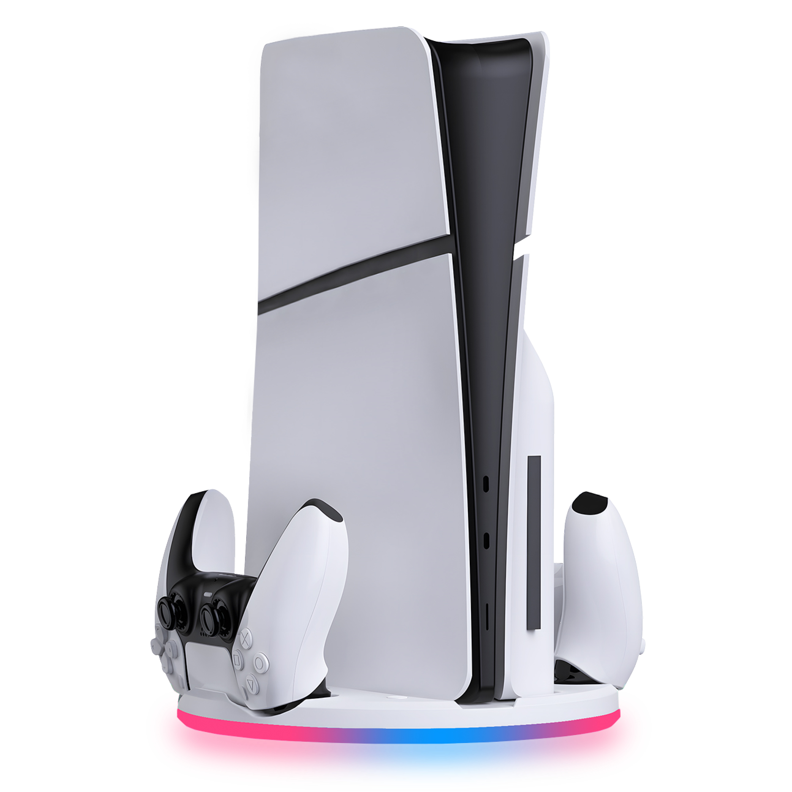 Eine weiße PlayStation 5 Konsole mit Controllern, beleuchtet von einer farbenfrohen Lichtbasis.