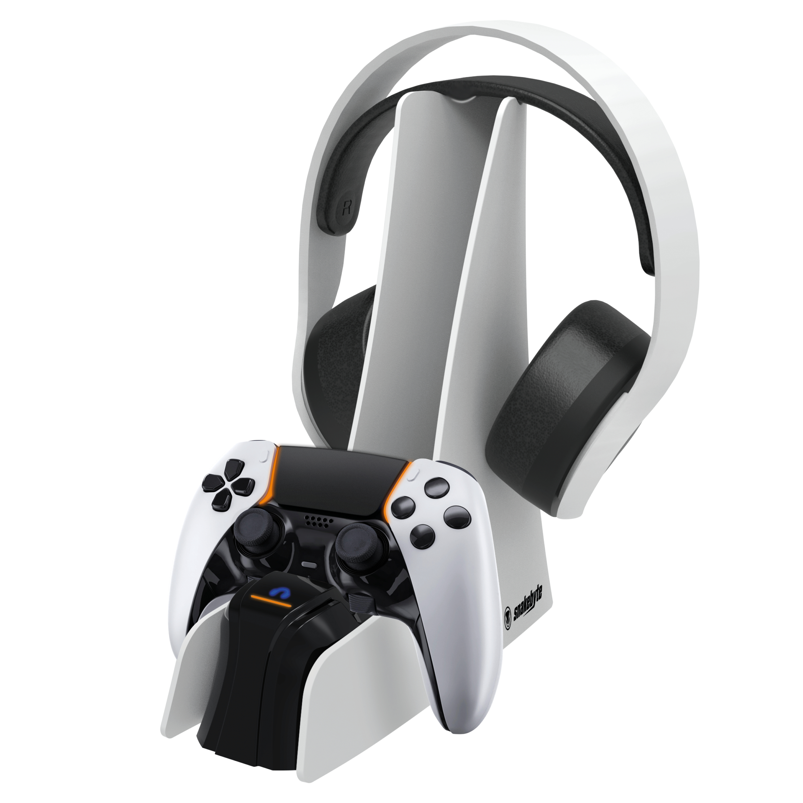 Weißer Headset-Ständer mit Gamepad und Kopfhörern.