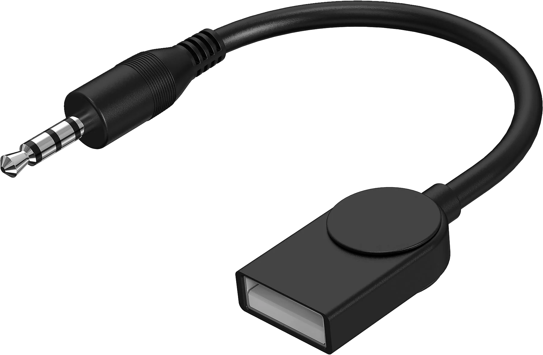 Câble adaptateur noir USB vers prise jack audio, isolé sur fond blanc.