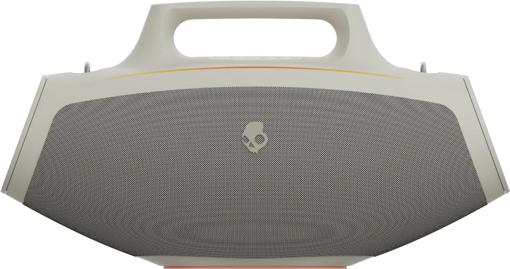Un haut-parleur Skullcandy blanc avec une façade en mesh et une poignée sur le dessus.