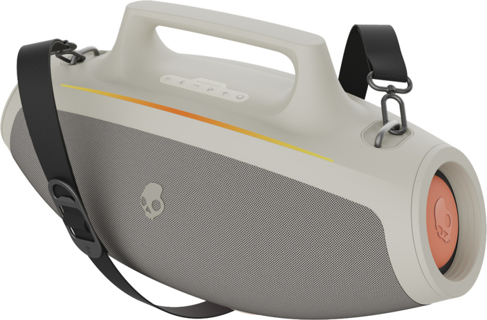 Haut-parleur Skullcandy gris et blanc avec poignée et sangle, cône de haut-parleur orange visible.