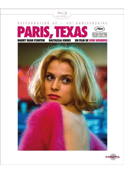 DVD-hoes van 'Paris, Texas' met vrouw in roze, titel en credits.